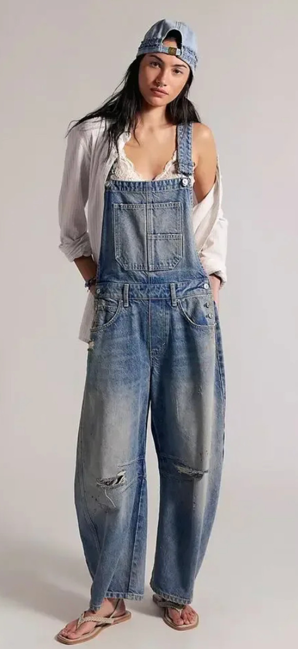 We The Free Good Luck Overall in Blue Size Large Barrel Leg Distressed
